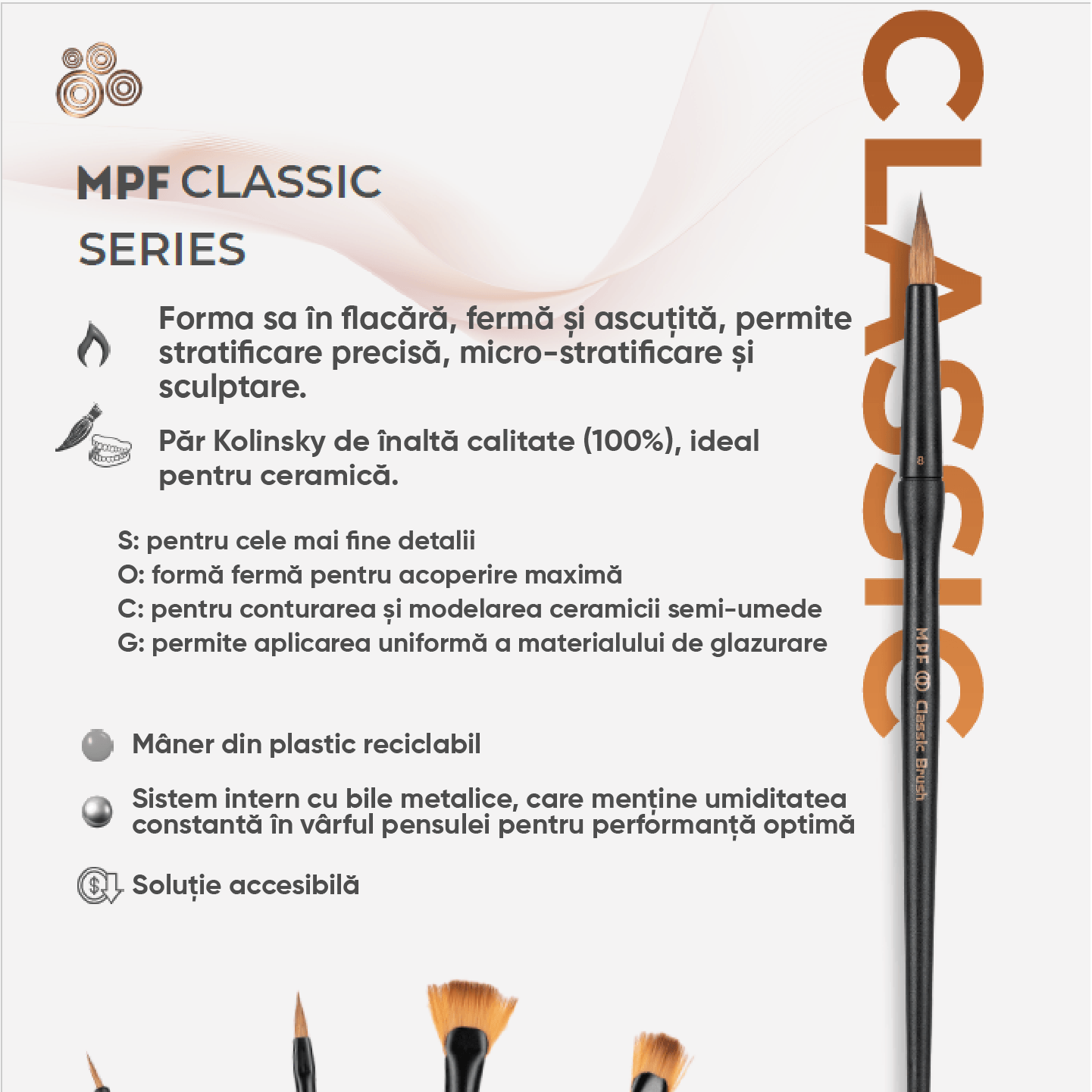 informatii extinse despre seria de pensule din par natural MPF brush classic pentru tehnica dentara