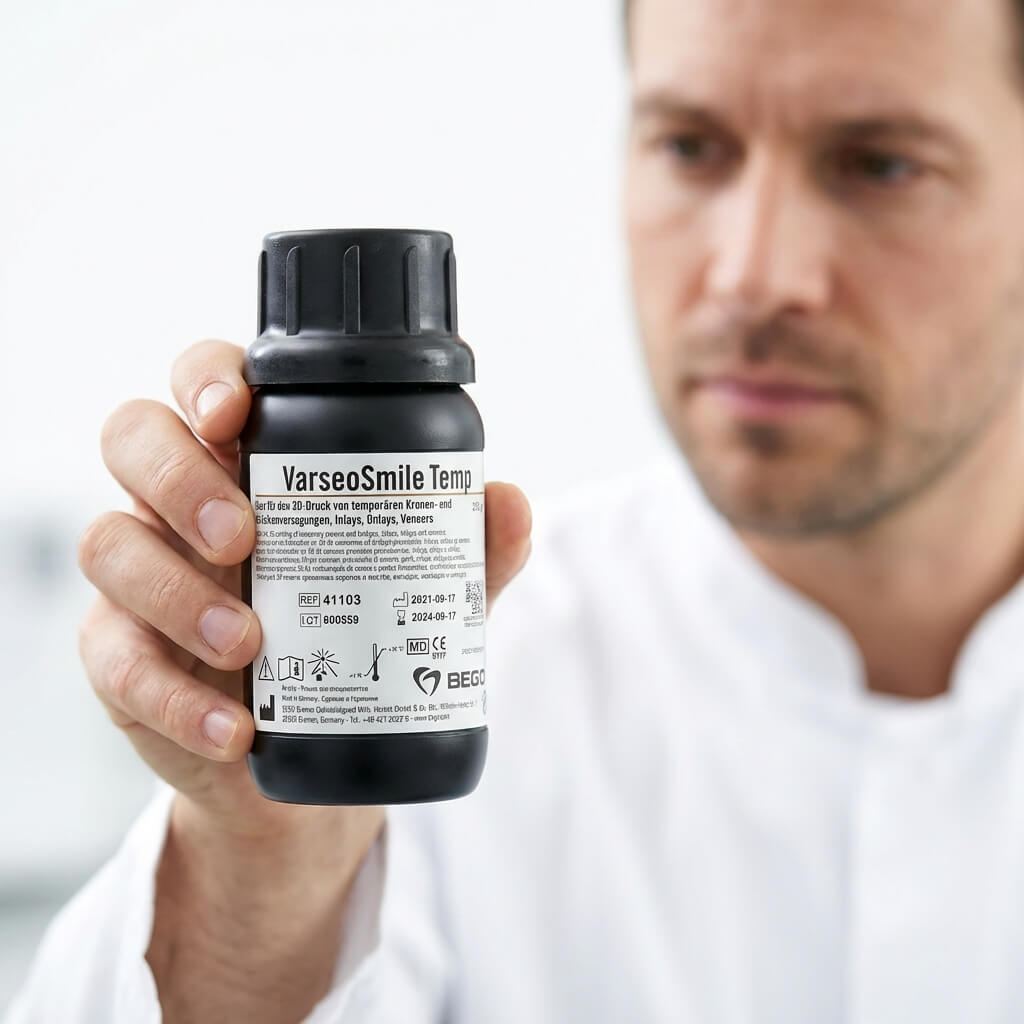 tehnician dentar tinant in mana flaconul de rasina temporara varseosmile temp