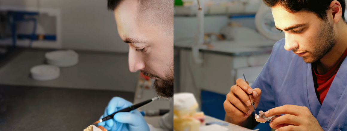 tehnicieni dentari care lucreaza in laborator si au o lampa